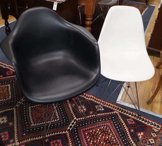 Ray and Charles Eames- six Vitra white DSR chairs and a similar unmarked black DAR armchair